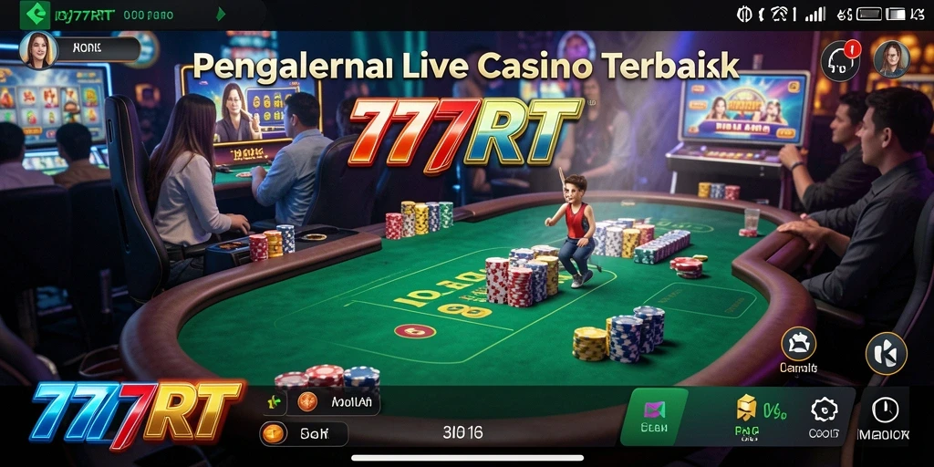 Tangkapan layar gameplay Live Casino di 777RT menunjukkan dealer langsung dan suasana kasino.