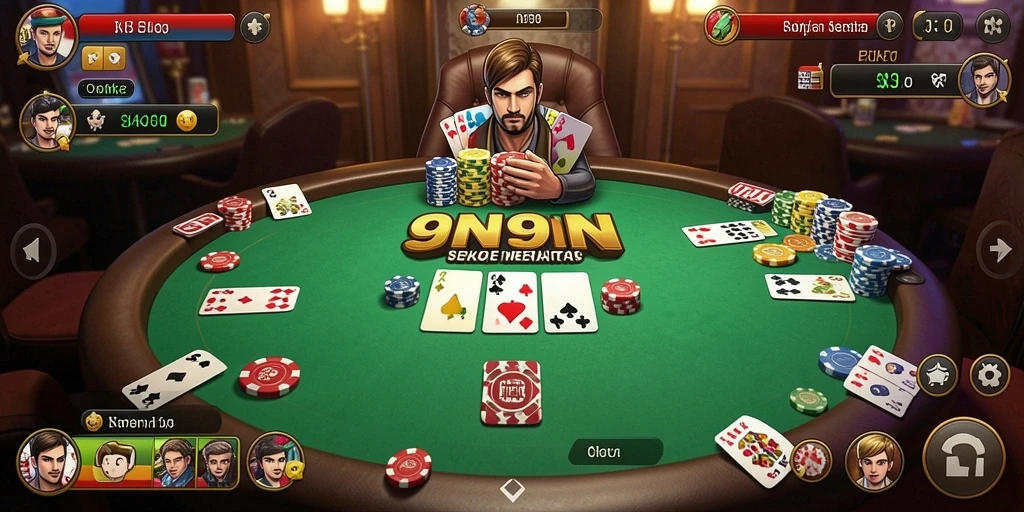 Screenshot gameplay 9N9N yang menunjukkan suasana seru permainan poker.
