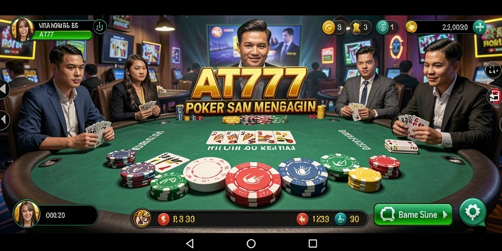 Screenshot game Poker AT777 menampilkan aksi pemain yang seru.