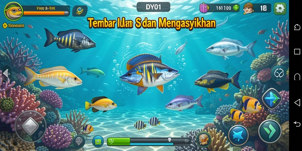 Screenshot DY01 menampilkan aksi seru saat menembak ikan.
