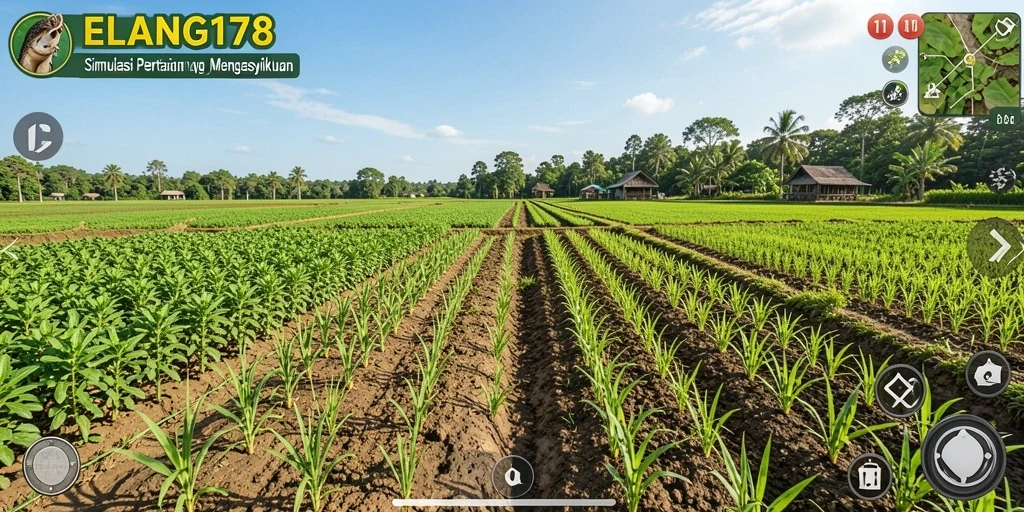 Tampilan gameplay ELANG178 dengan ladang penuh tanaman dan hewan.