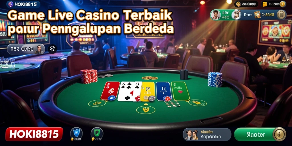 Screenshot gameplay HOKI8815 yang menunjukkan dealer langsung di permainan kasino.