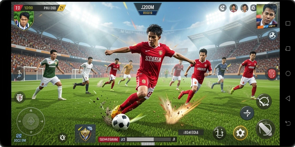 Screenshot utama J200M menampilkan aksi intens pertandingan sepak bola.