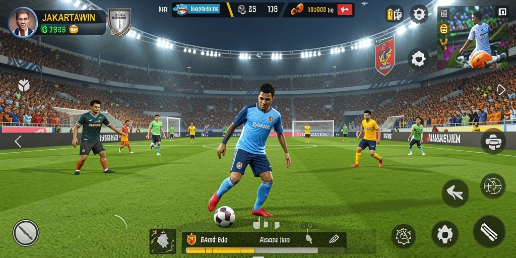 Screenshot gameplay JAKARTAWIN menunjukkan aksi mendebarkan di lapangan sepak bola.
