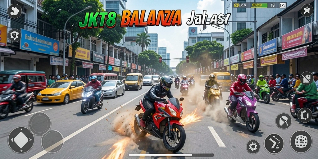 Tampilan gameplay seru JKT8 dengan balapan motor cepat.