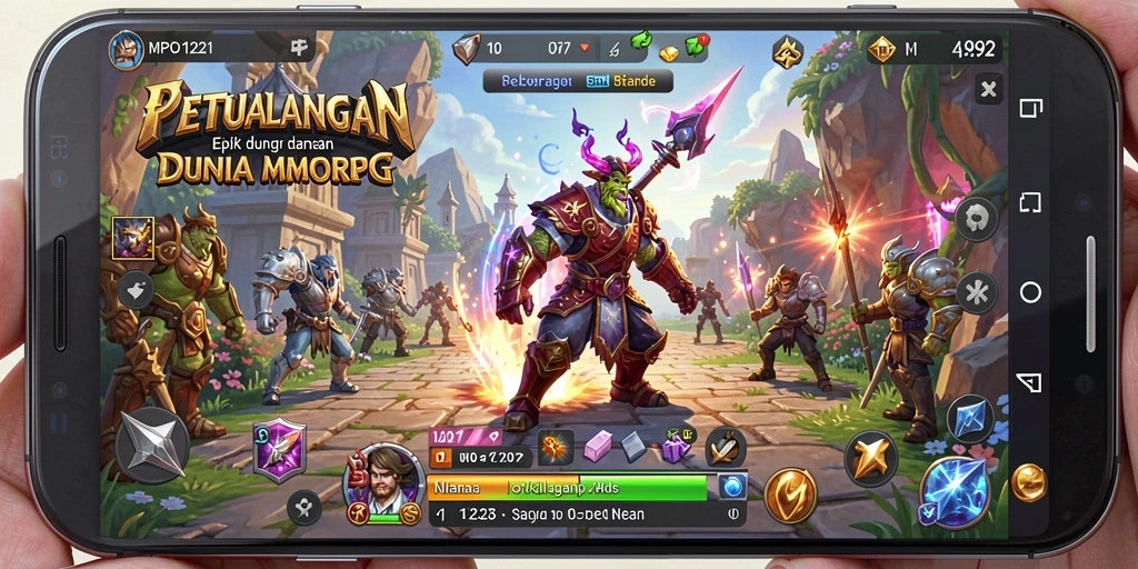 Tampilan gameplay MPO1221 menunjukkan pertempuran seru di dunia fantasi.