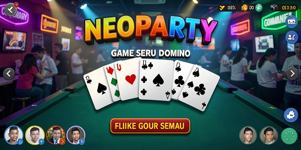 Tampilan gameplay seru NEOPARTY dengan animasi kartu yang menarik.