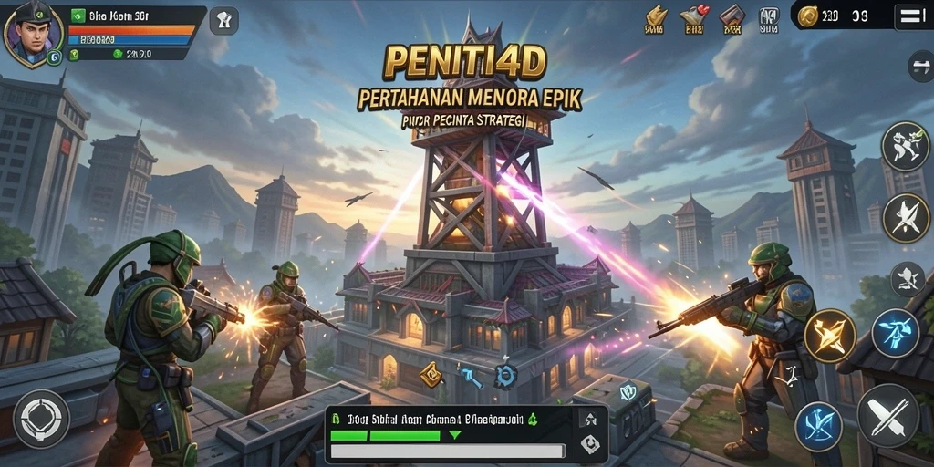 Screenshot gameplay PENITI4D yang menampilkan pertempuran Tower Defense yang seru.