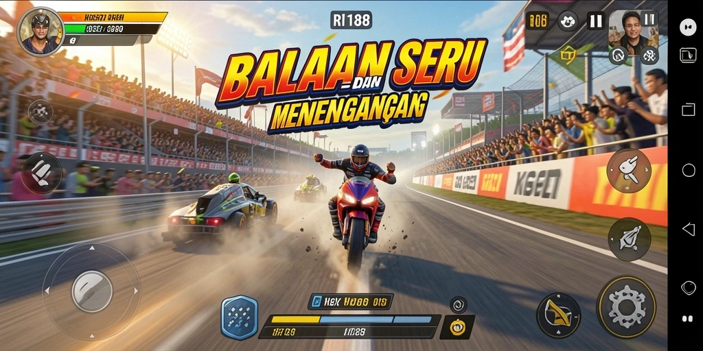 Screenshot RI188 menampilkan adegan balapan yang seru dengan mobil melaju cepat.