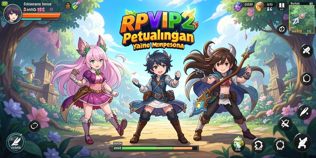 Screenshot utama RPVIP2 menunjukkan aksi pertarungan karakter anime yang dinamis.