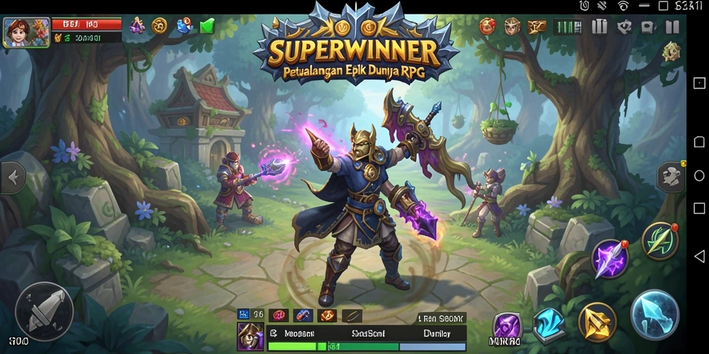 Screenshot SUPERWINNER menampilkan karakter beraksi dalam pertempuran seru RPG.